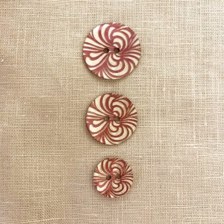 Engraved and Enameled Mother of Pearl Button, Swirl , Col. Strawberry
