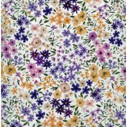 Tissu Popeline Aquarelle de Fleurs, col. Miel, Mauve, Indigo
