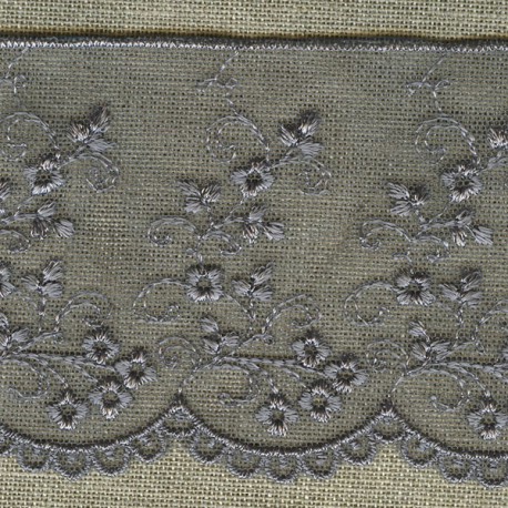 Embroidery on tulle ribbon, Grey