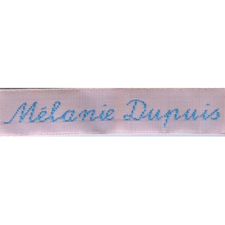 Woven labels, Model Y - Pink 12mm ribbon - Turquoise lettering