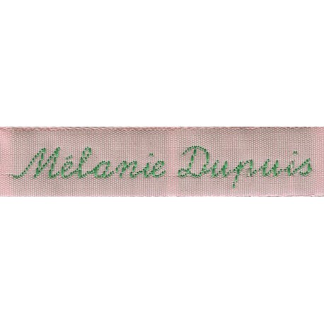 Woven labels, Model Y - Pink 12mm ribbon - Green lettering