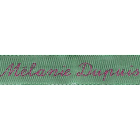 Woven labels, Model Y - Green 12mm ribbon - Fuchsia lettering