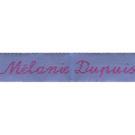 Woven labels, Model Y - Blue 12mm ribbon - Fuchsia lettering