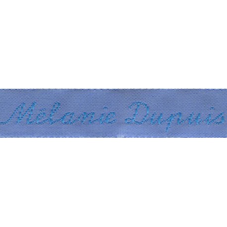 Etiquettes tissées Modèle Y - Ruban Bleu 12 mm - Lettrage Turquoise