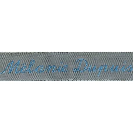 Etiquettes tissées Modèle Y - Ruban Gris 12 mm - Lettrage Turquoise