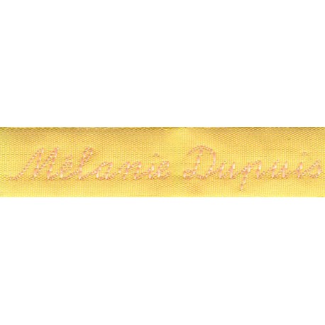 Woven labels, Model Y - Yellow 12mm ribbon - Pink lettering