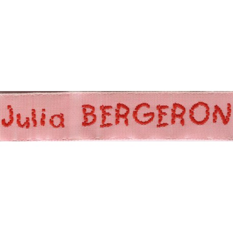 Woven labels, Model V - Pink 12mm ribbon - Red lettering