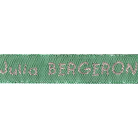 Woven labels, Model V - Green 12mm ribbon - Pink lettering