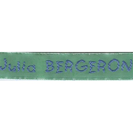 Woven labels, Model V - Green 12mm ribbon - Sky-blue lettering