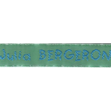 Etiquettes tissées Modèle V - Ruban Vert 12 mm - Lettrage Turquoise