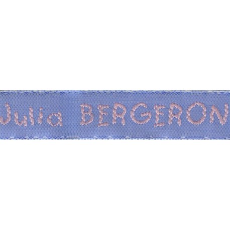 Woven labels, Model V - Blue 12mm ribbon - Pink lettering