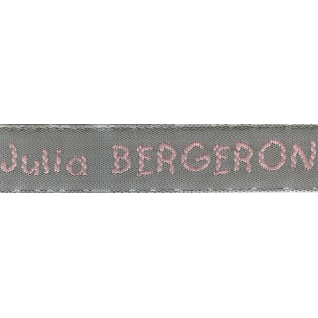 Woven labels, Model V - Grey 12mm ribbon - Pink lettering