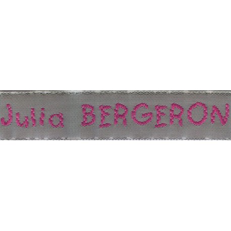 Woven labels, Model V - Grey 12mm ribbon - Fuchsia lettering