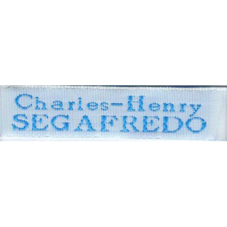 Woven labels, Model X - White 12mm ribbon - Turquoise lettering