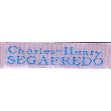 Woven labels, Model X - Pink 12mm ribbon - Turquoise lettering