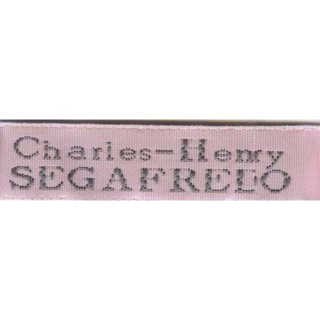 Woven labels, Model X - Pink 12mm ribbon - Grey lettering