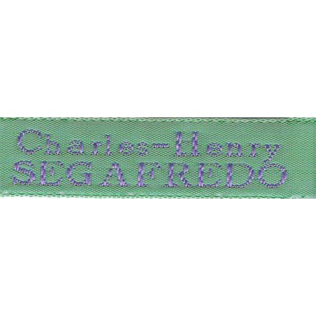 Woven labels, Model X - Green 12mm ribbon - Violet lettering