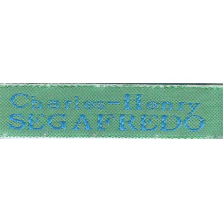 Woven labels, Model X - Green 12mm ribbon - Turquoise lettering