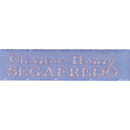 Woven labels, Model X - Blue 12mm ribbon - Pink lettering