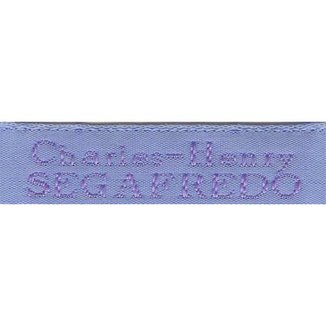Woven labels, Model X - Blue 12mm ribbon - Violet lettering