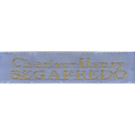 Woven labels, Model X - Blue 12mm ribbon - Antique Gold lettering