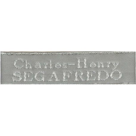 Woven labels, Model X - Grey 12mm ribbon - White lettering