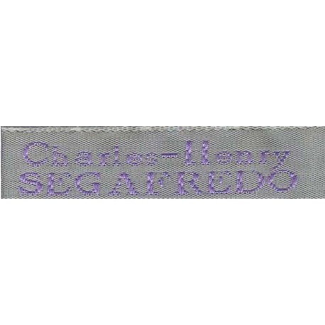Woven labels, Model X - Grey 12mm ribbon - Violet lettering