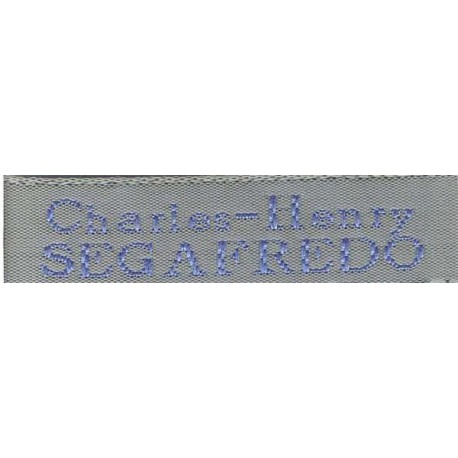 Woven labels, Model X - Grey 12mm ribbon - Sky-blue lettering