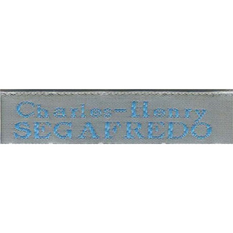 Woven labels, Model X - Grey 12mm ribbon - Turquoise lettering
