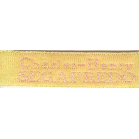Woven labels, Model X - Yellow 12mm ribbon - Pink lettering