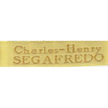 Woven labels, Model X - Yellow 12mm ribbon - Antique Gold lettering