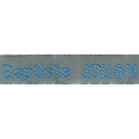 Etiquettes tissées Modèle Z - Ruban Gris 12 mm - Lettrage Turquoise