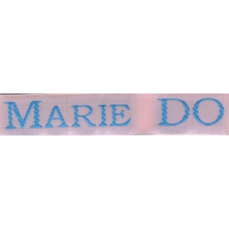 Woven labels, Model S - Pink 12mm ribbon - Turquoise lettering