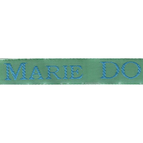 Woven labels, Model S - Green 12mm ribbon - Turquoise lettering