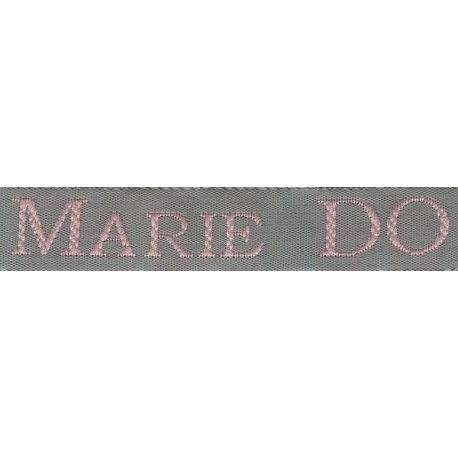 Woven labels, Model S - Grey 12mm ribbon - Pink lettering