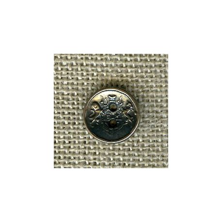 Petit bouton métal incurvé 2 trous armoiries, Vieil argent