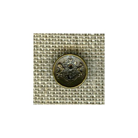 Petit bouton métal incurvé 2 trous armoiries, Vieil or