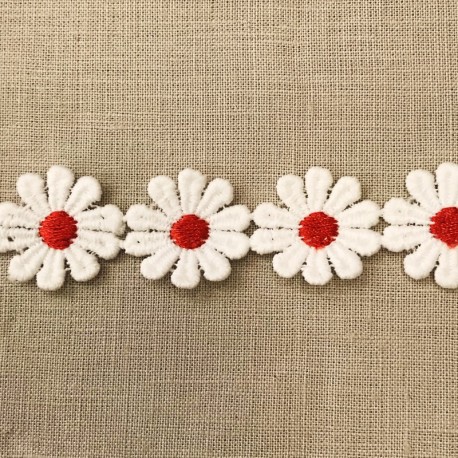 Ruban Guipure Ribambelle de Marguerites Rouges