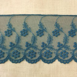 Ruban Dentelle de Tulle Brodé Fleurs perlées, Col. Paon