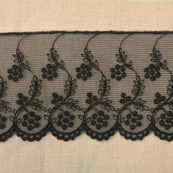 Ruban Dentelle de Tulle Brodé Fleurs perlées, Col. Noir