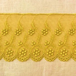 Ruban Dentelle de Tulle Brodé Fleurs perlées, Col. Moutarde