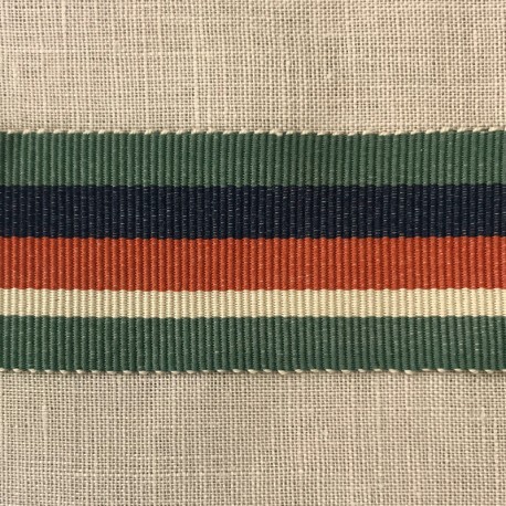 Striped Gros Grain Bayadère Ribbon Panama, col. Veronese, Sapphir, Coral, Muesli 436